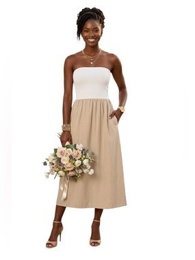 The Drop Women's Cream khaki Hellen Strapless Mixed Media Maxi Dress Medium